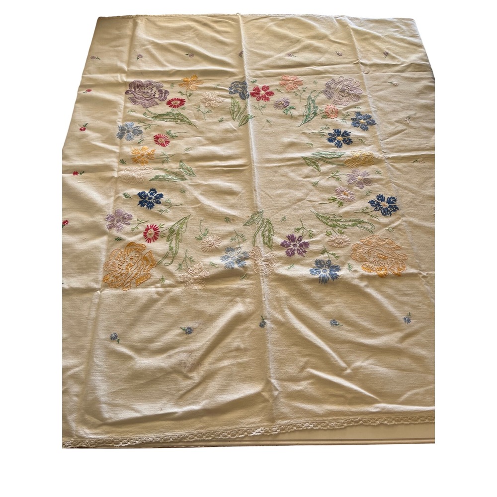Vintage Hand Embroidered Floral Tablecloth White Lace Trim Cottagecore 48x44